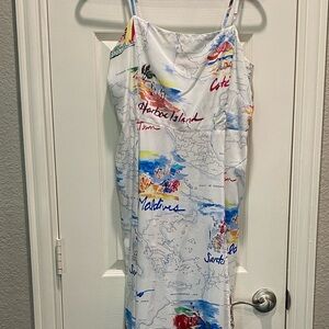 GAP White Maxi Dress with Multicolor Map Print